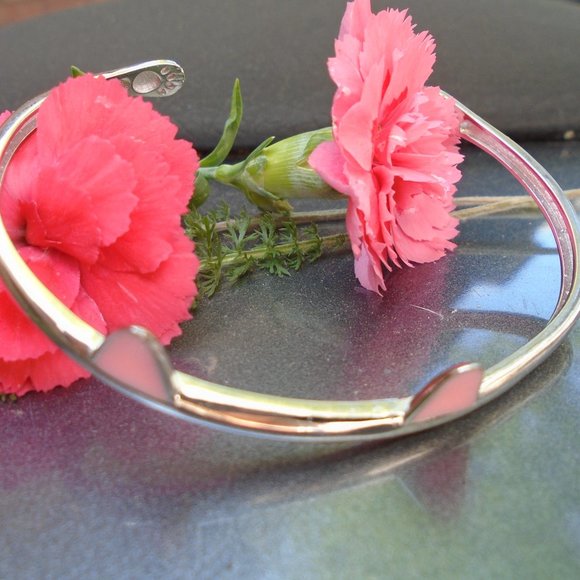 Adorable Cat Kitten Pink Ears 925 Sterling Silver Bangle Bracelet Cute Paw Cuff - Picture 4 of 4